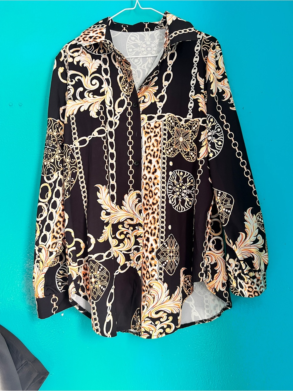 SHEIN Black Button-Up Blouse with Gold & Cream Chain Print